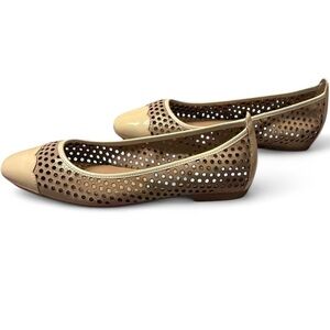 Bettye Muller Tan and Cream Perforated Cap-Toe Ballet Flats